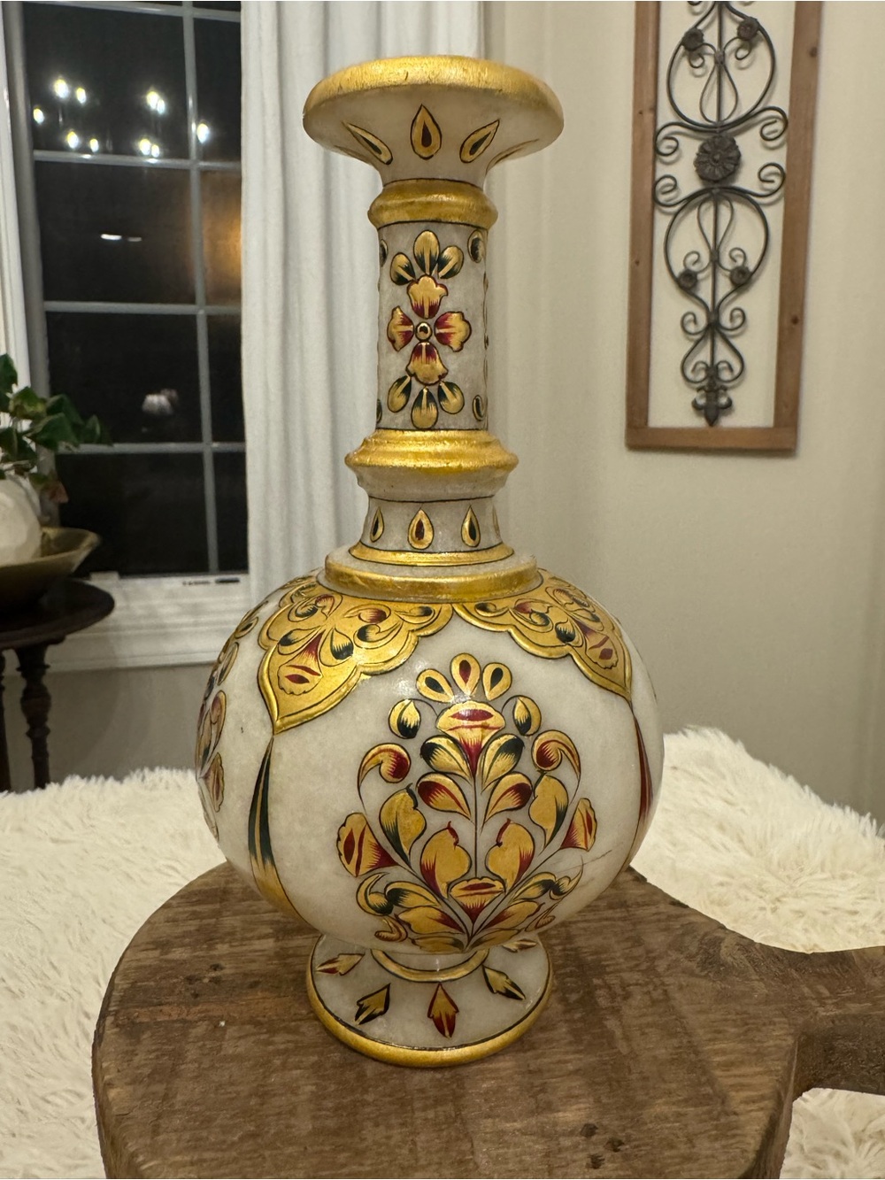 Vintage Authentic Hand Made Hand Painted Marble Surahi Vase from India